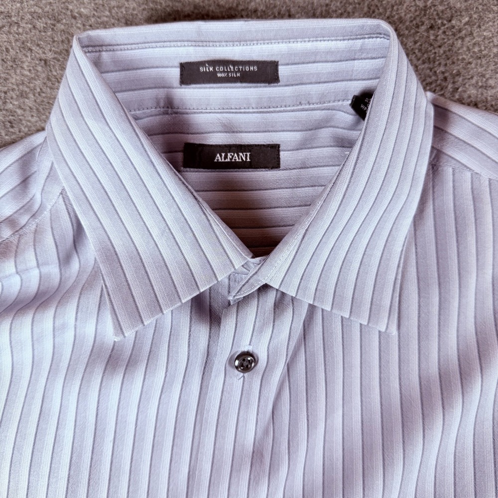 Alfani Silk Collections Mens Long Sleeve Button Down Lavender Grey Striped Shirt